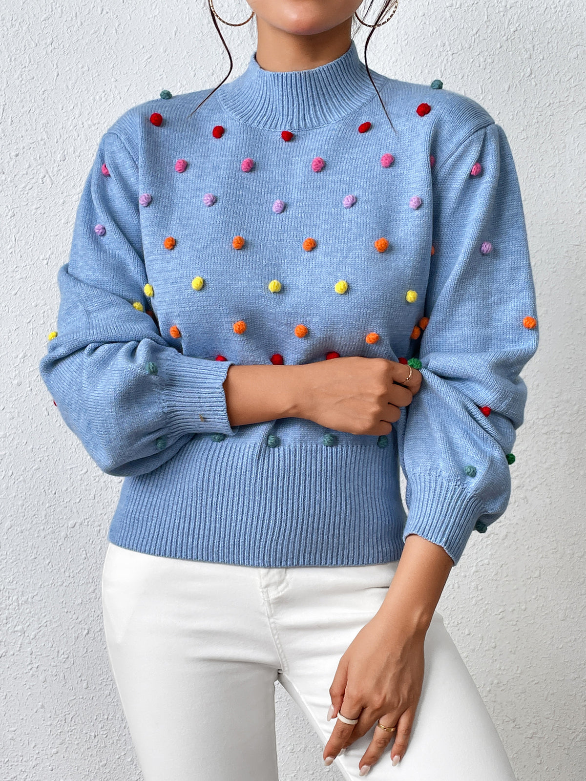 Colored Pom-Pom Knit Sweater