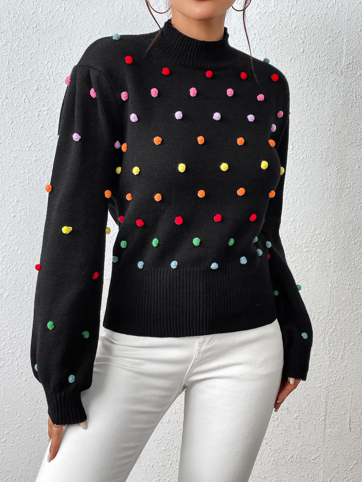 Colored Pom-Pom Knit Sweater