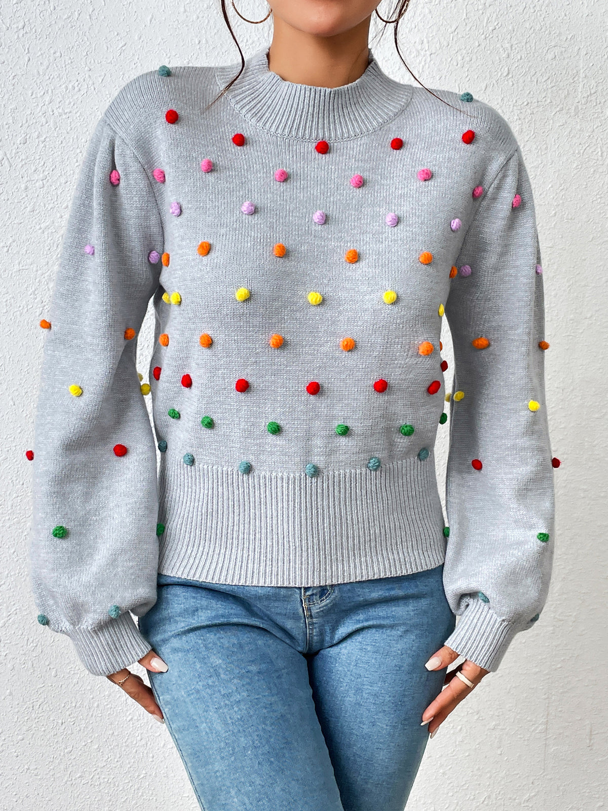 Colored Pom-Pom Knit Sweater