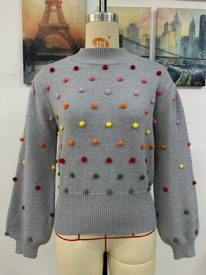 Colored Pom-Pom Knit Sweater