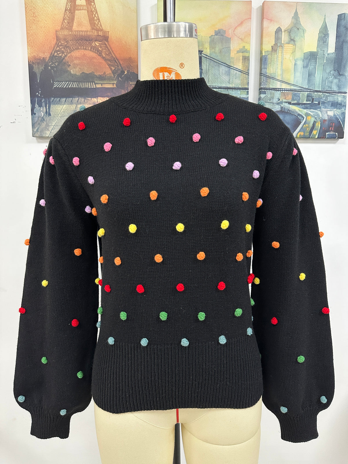 Colored Pom-Pom Knit Sweater