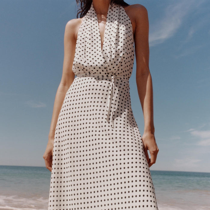  Halter Neck Polka Dot Print Midi Dress