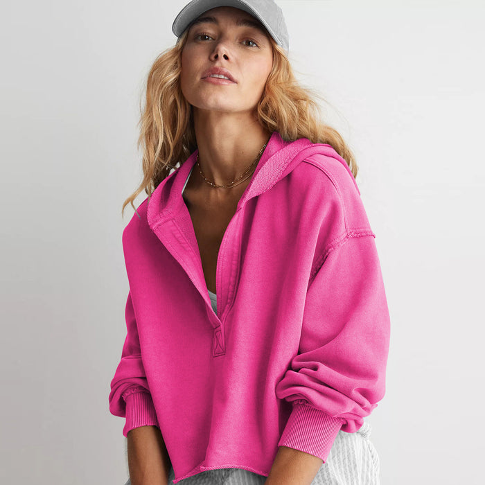 Loose-Fit V-Neck Hooded Pullover