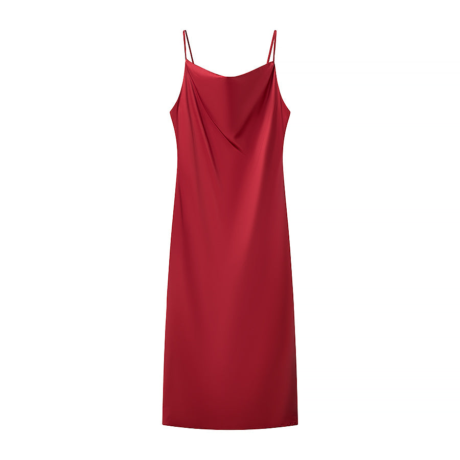 Spring Silk Satin Mid-Length Sling Dress