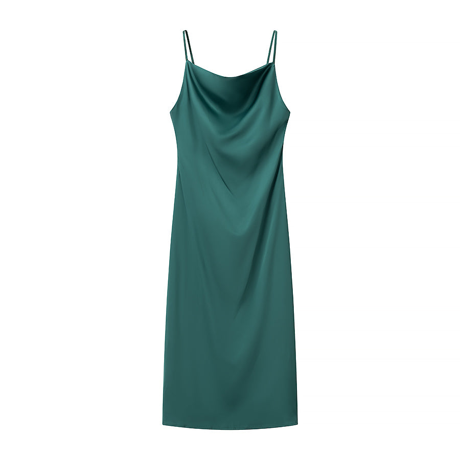 Spring Silk Satin Mid-Length Sling Dress