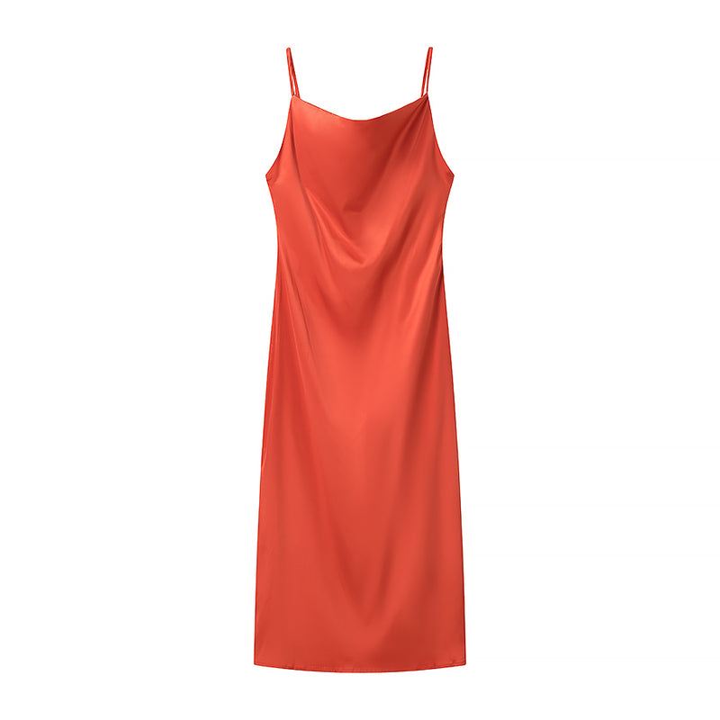 Spring Silk Satin Mid-Length Sling Dress