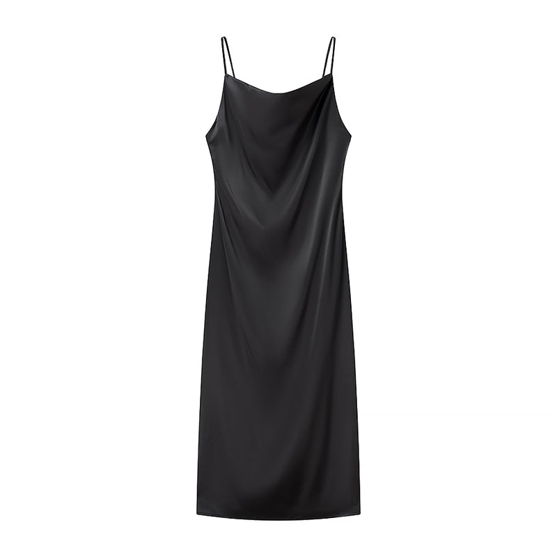 Spring Silk Satin Mid-Length Sling Dress