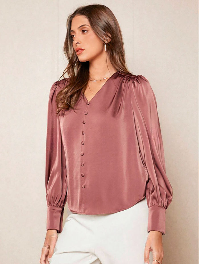 Satin V-Neck Ruched Office Blouse