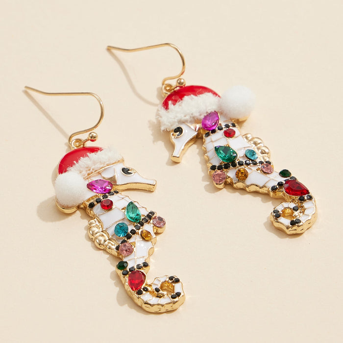 Festive Rhine Stone Seahorse Drop Earrings