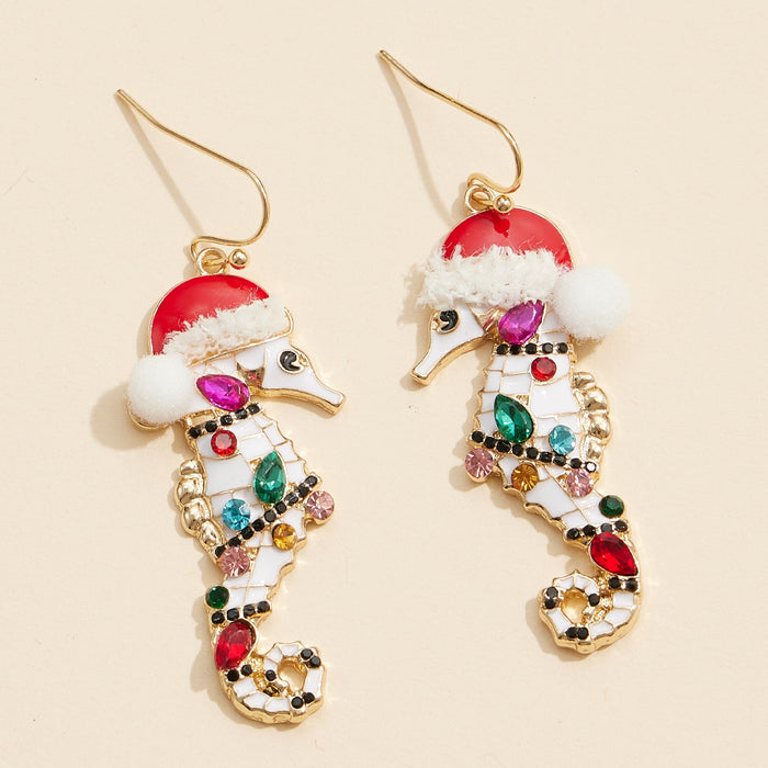 Festive Rhine Stone Seahorse Drop Earrings