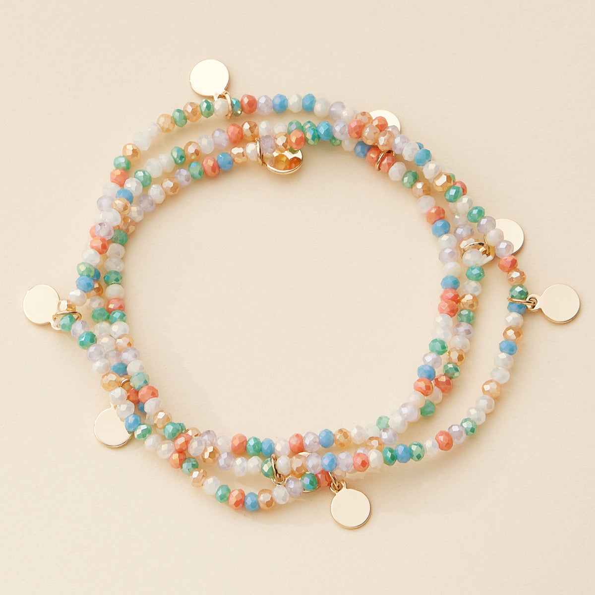 Delicate Beaded Charm Bracelet Set – Elegant Stackable Design with Gold Disc Accents