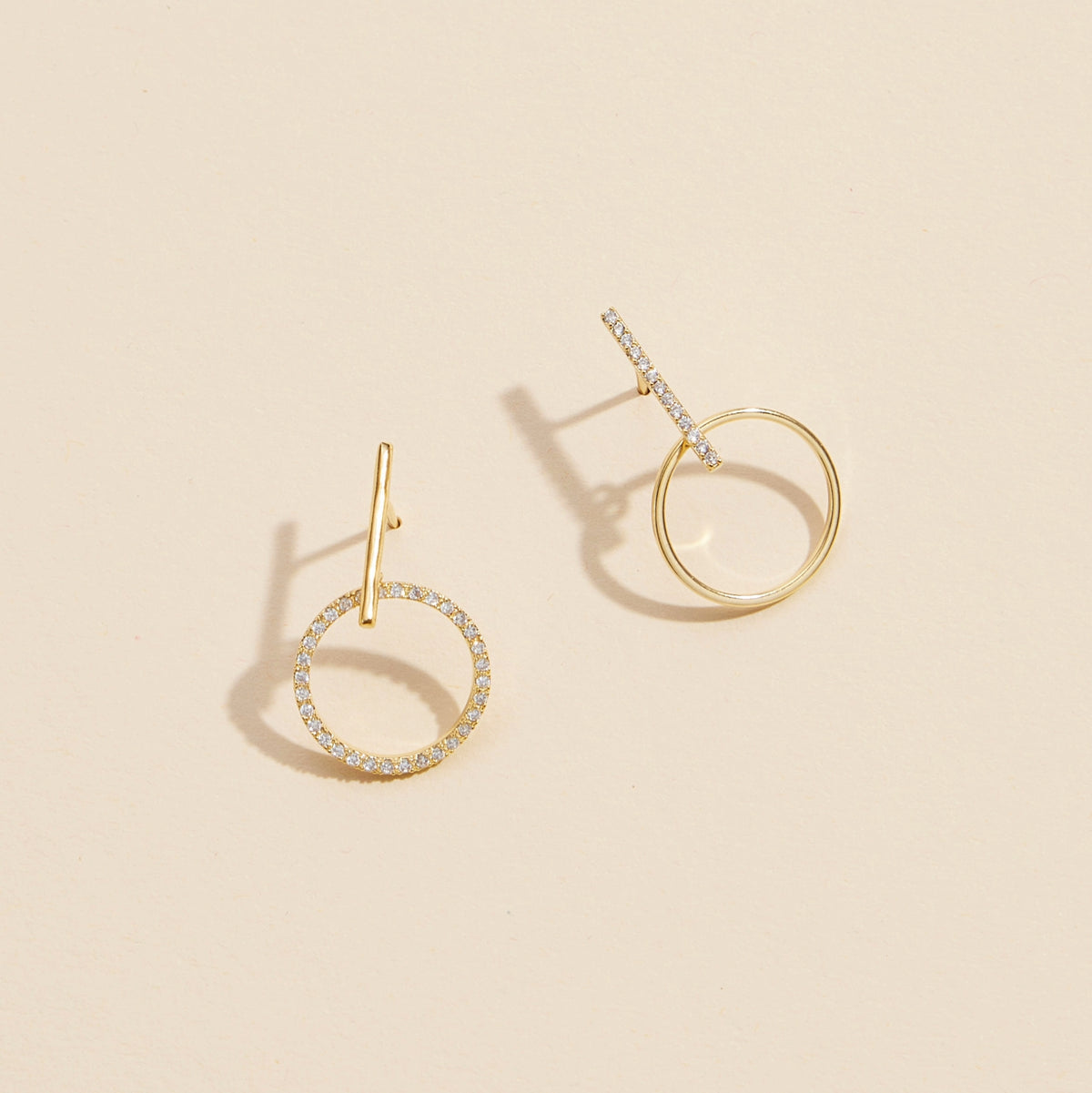 CZ Circle & Bar Gold Dip Stud Earrings