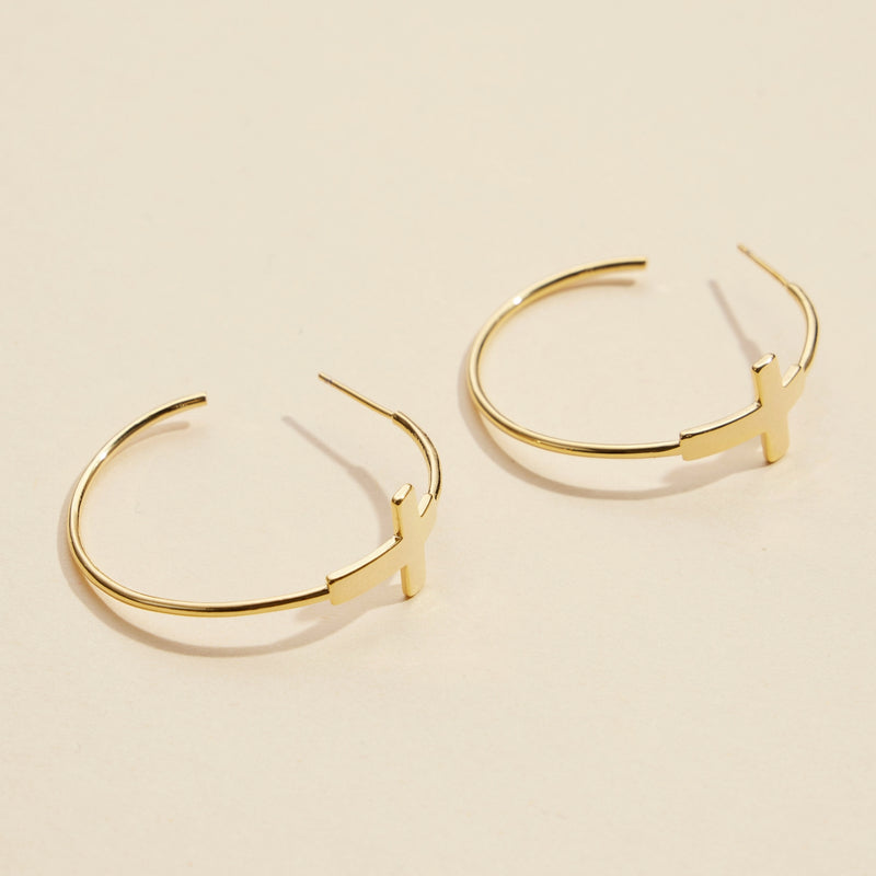 Cross Gold Dip Hoop Earrings