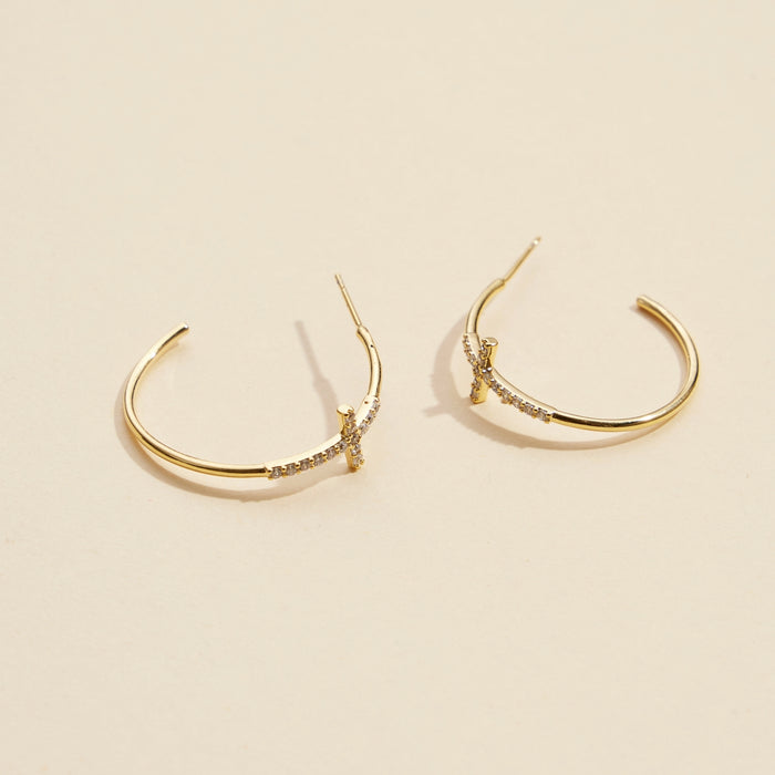 Cross Gold Dip Open Hoop Earrings