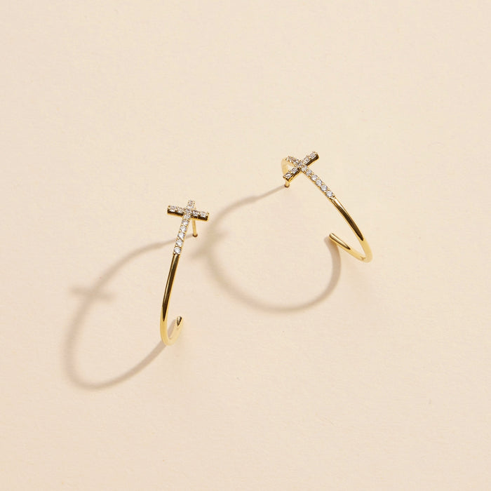 Cross Gold Dip Open Hoop Earrings