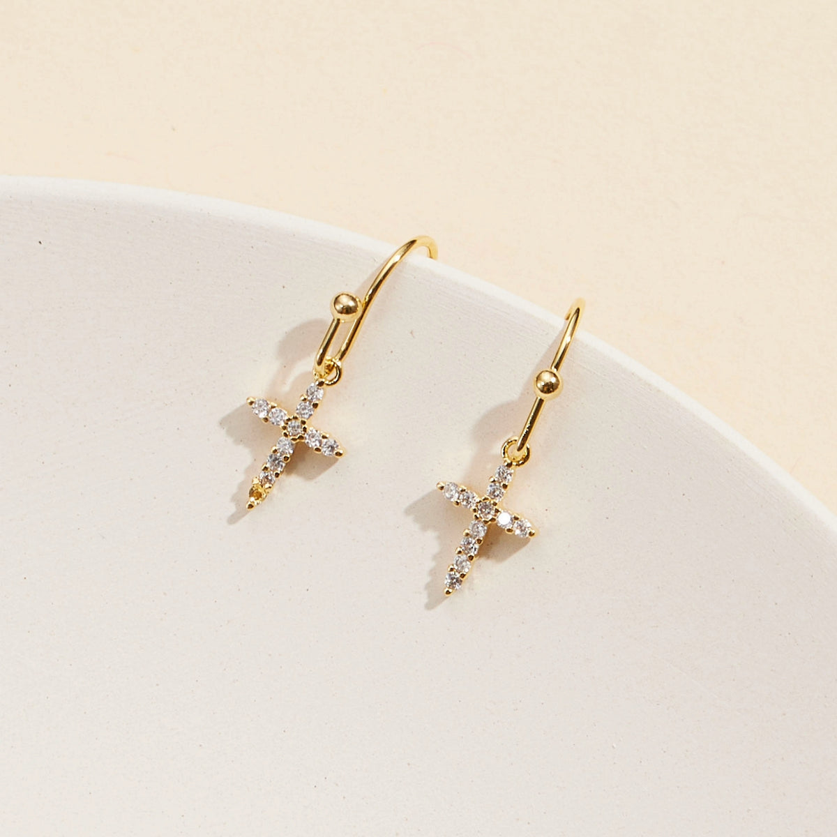 CZ Cross Gold Dip Dangling Earrings