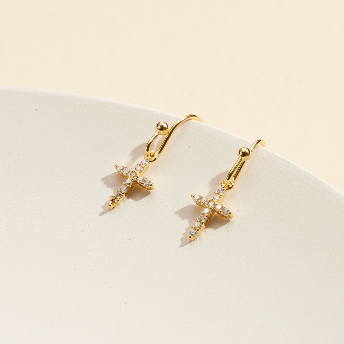 CZ Cross Gold Dip Dangling Earrings