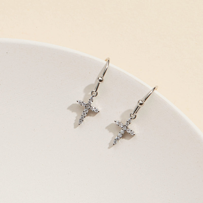 CZ Cross Gold Dip Dangling Earrings