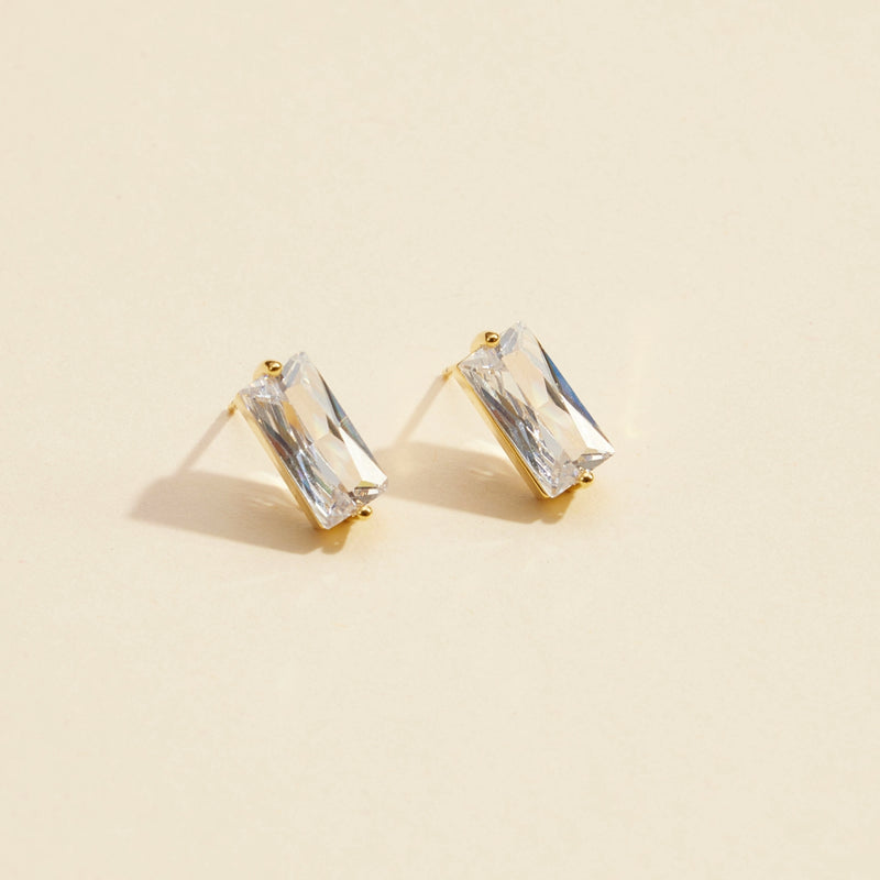 CZ Rectangle Gold Dip Stud Earrings