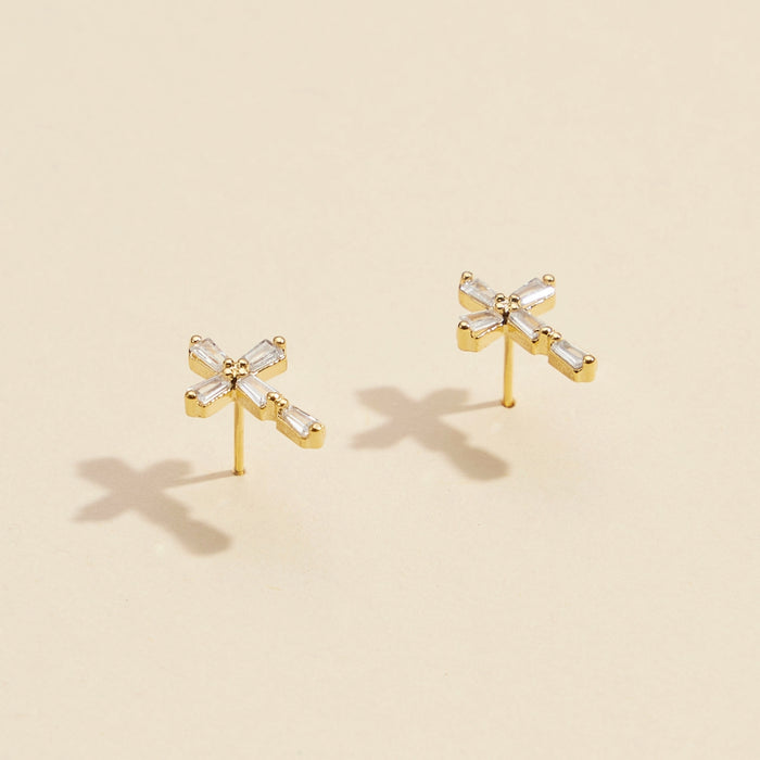 CZ Cross Gold Dip Stud Earrings