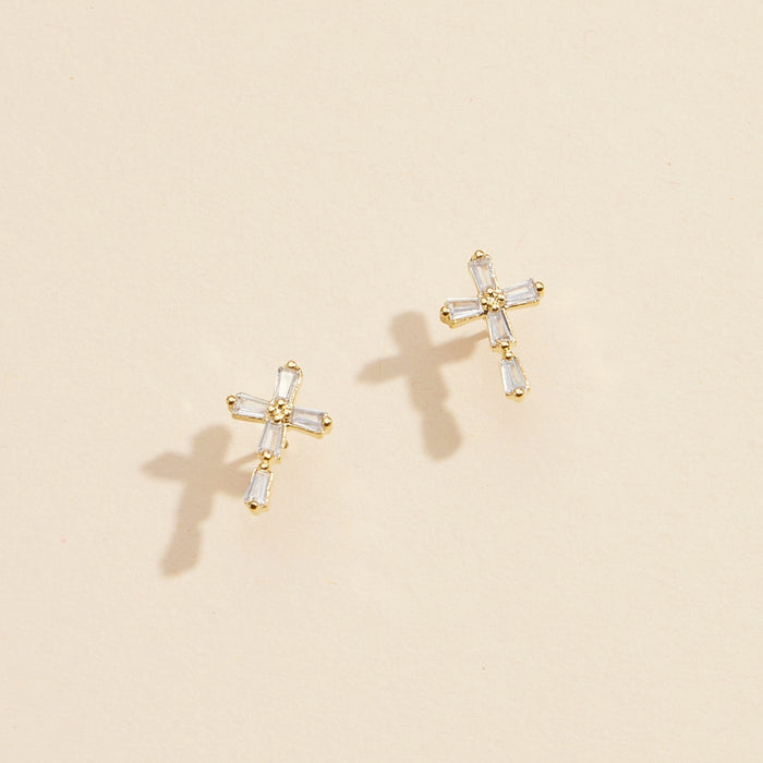 CZ Cross Gold Dip Stud Earrings