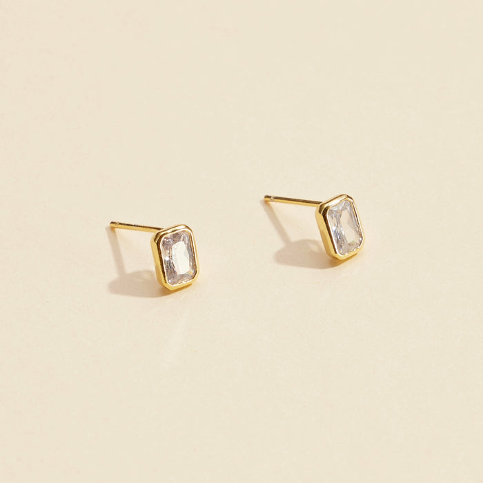 CZ Small Rectangle Gold Dip Stud Earrings