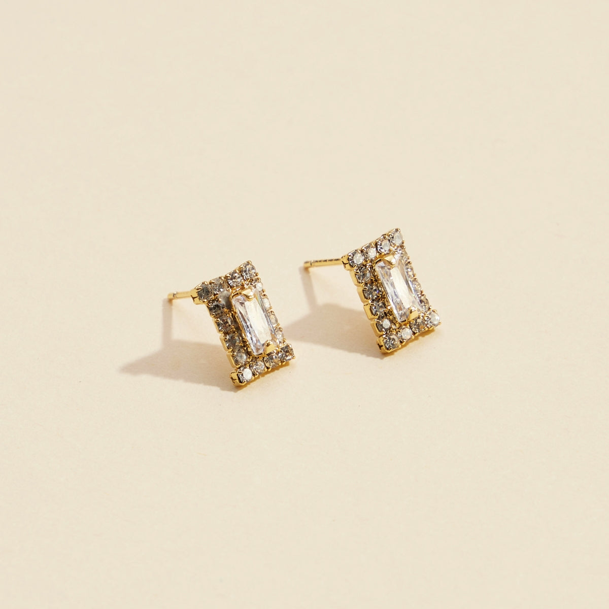 CZ & Rhinestone Rectangle Gold Dip Stud Earrings