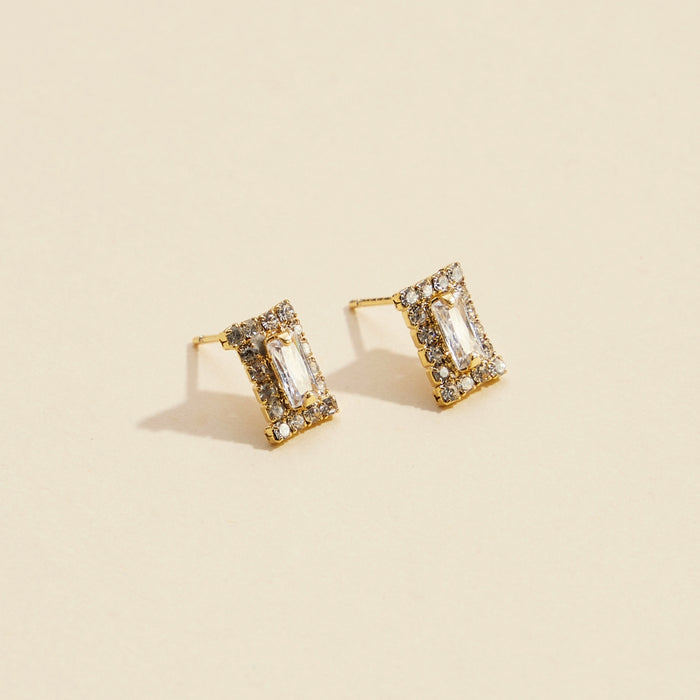 CZ & Rhinestone Rectangle Gold Dip Stud Earrings