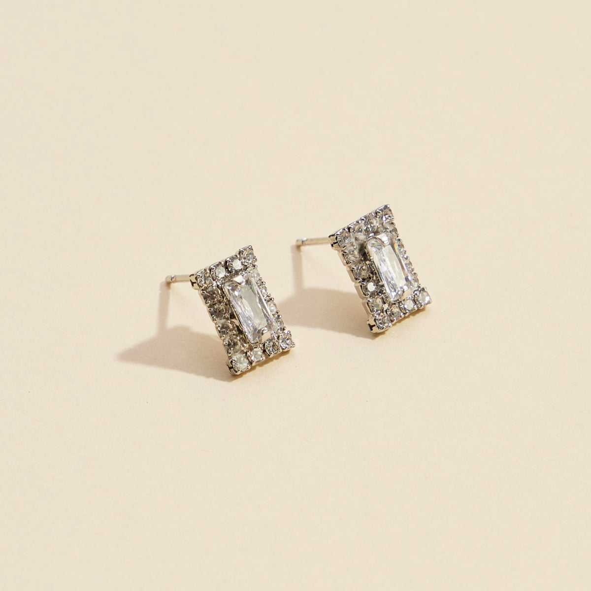 CZ & Rhinestone Rectangle Gold Dip Stud Earrings