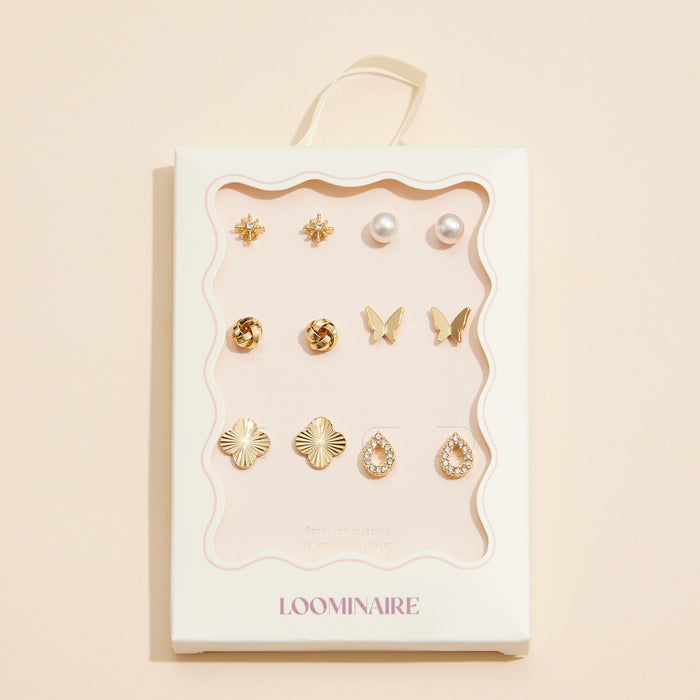 Elegant 6-Piece Gold Stud Earring Set – Butterflies, Pearls, and Crystal Accents