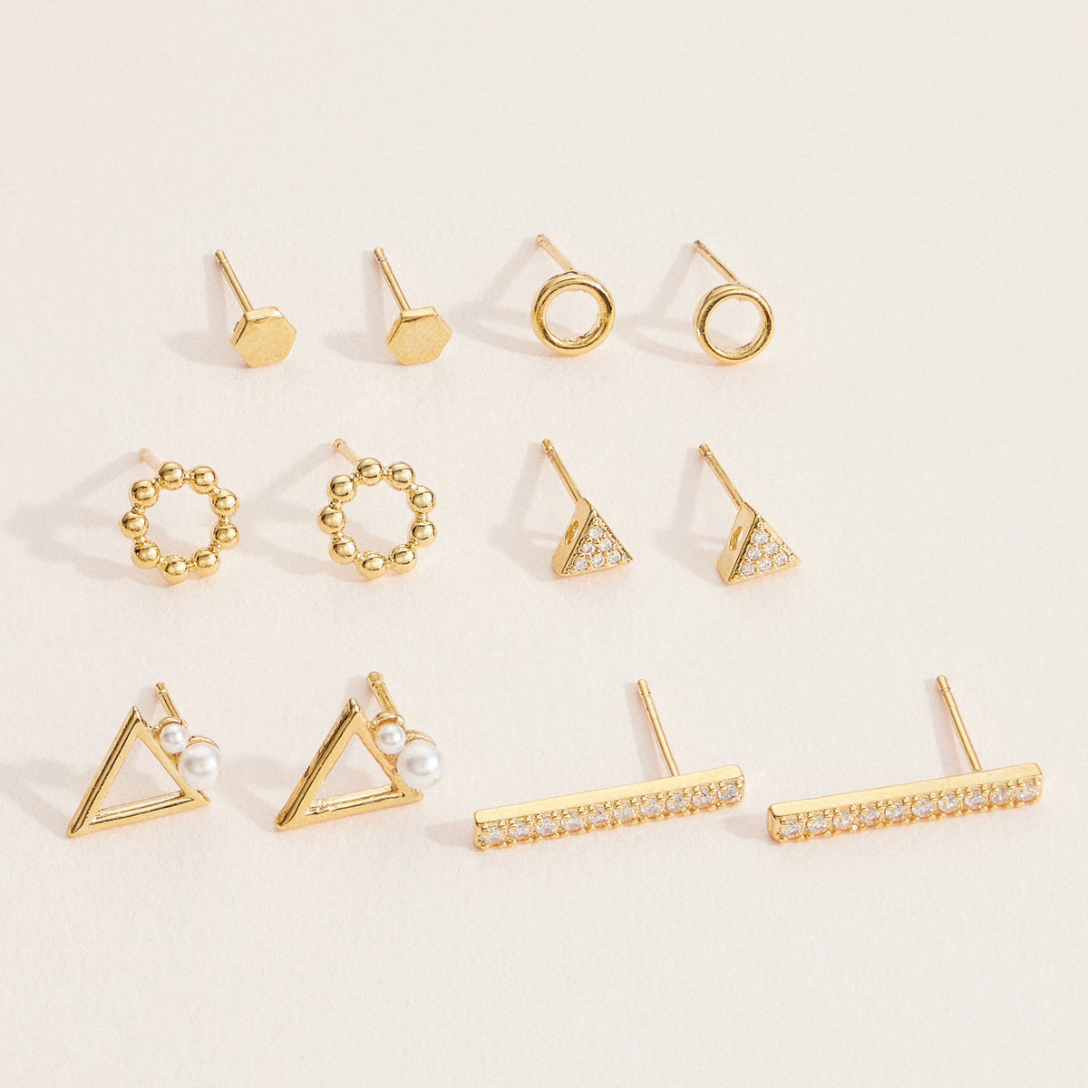 18K Gold Dipped Geometric Stud Earring Set – Hexagons, Circles, Triangles, and Crystal-Accented Designs