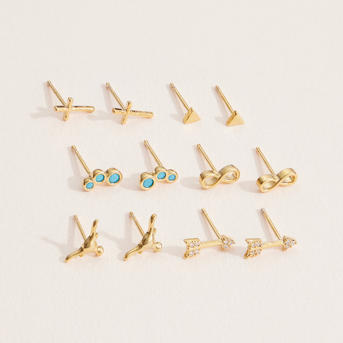 18K Gold-Dipped Stud Earrings with Crosses, Arrows, and Turquoise Accents