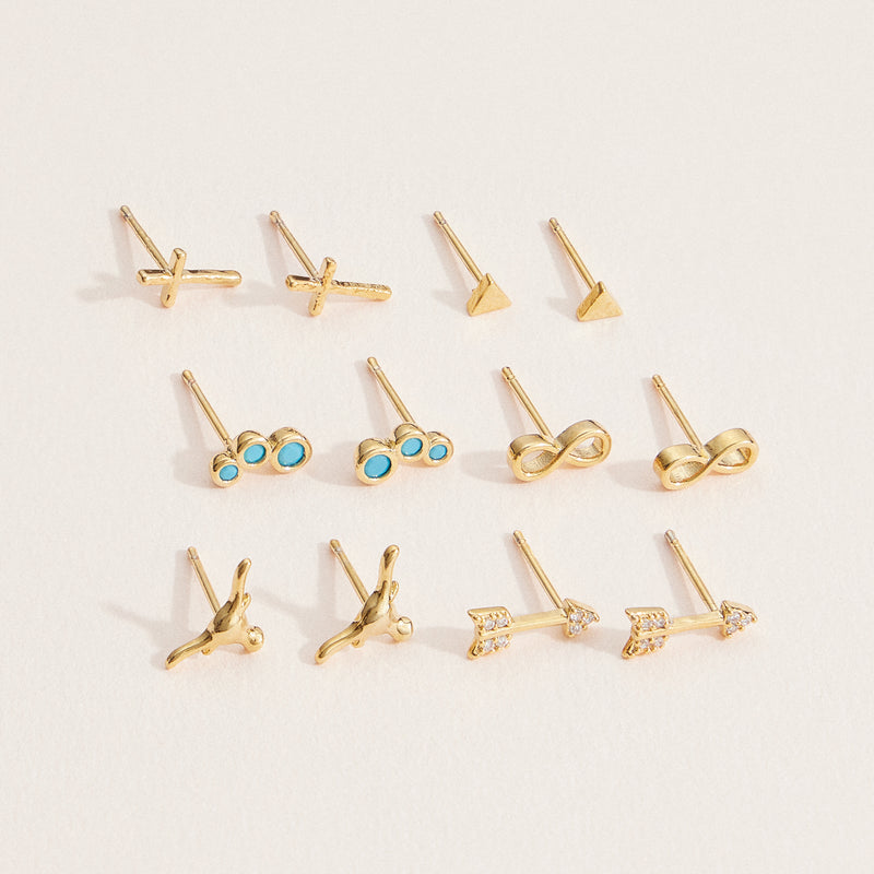 18K Gold-Dipped Stud Earrings with Crosses, Arrows, and Turquoise Accents