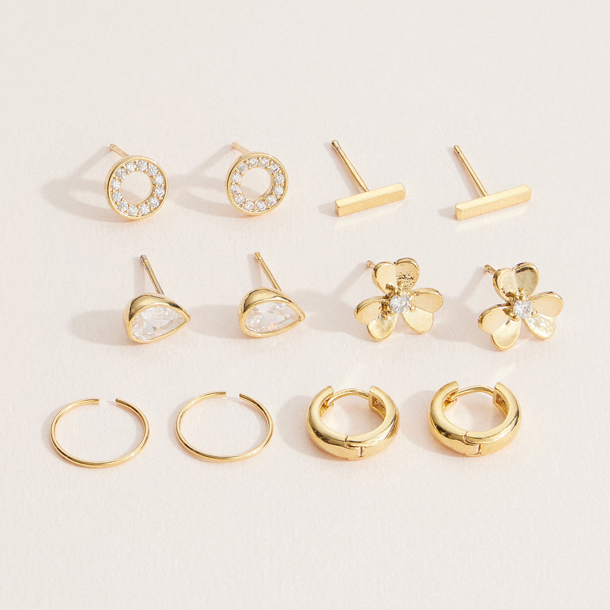 Gold Earring Set – 12-Piece Floral, Teardrop, and Hoop Jewelry Collection (18K Gold Dipped)