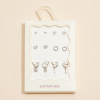 12-Piece Gold & Silver Earring Set – Lock, Key, Heart & Pearl Jewelry Collection 18K Gold Dipped