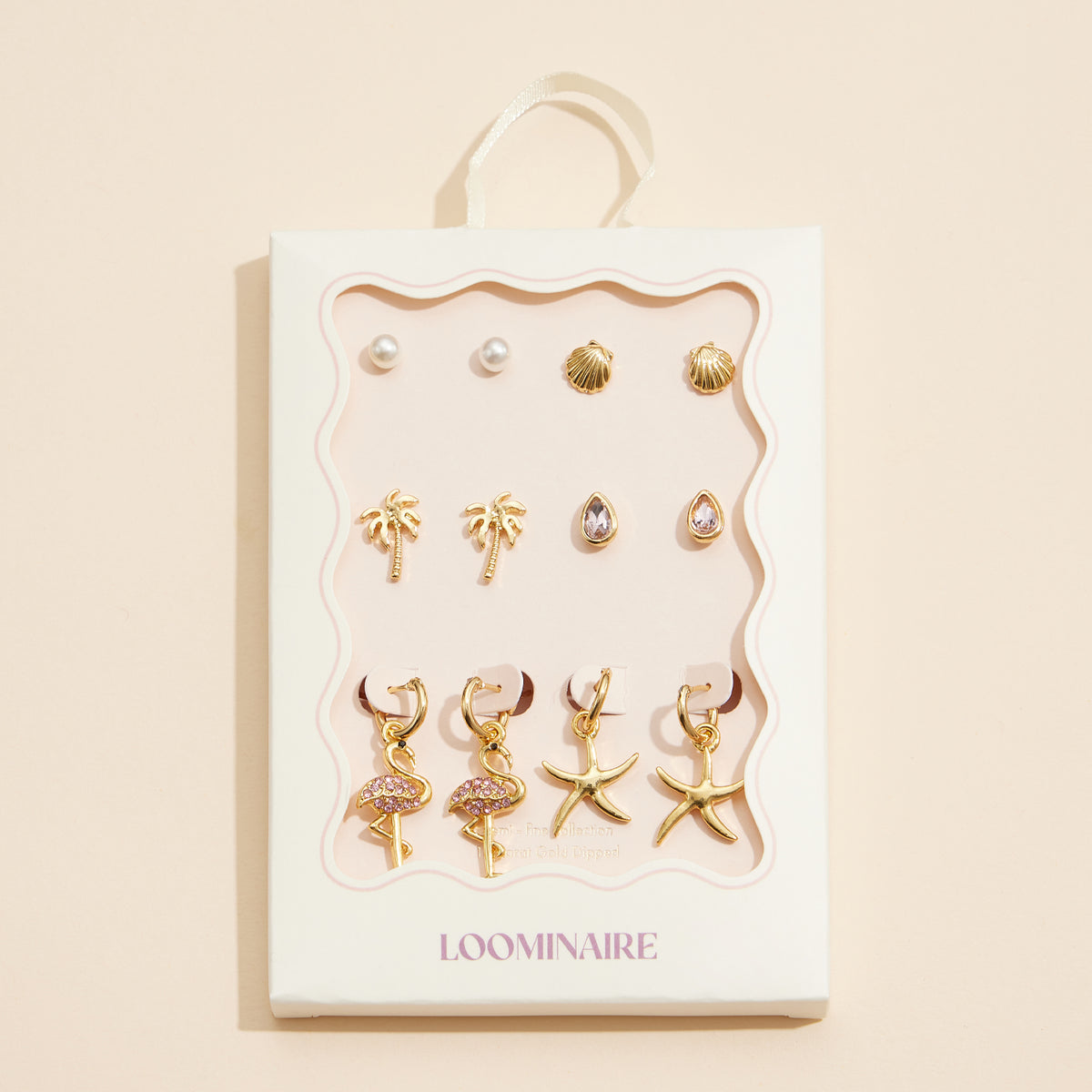 Gold Earring Set – Seashell, Palm Tree, Starfish, & Flamingo Charm Collection (18K Gold Dipped)