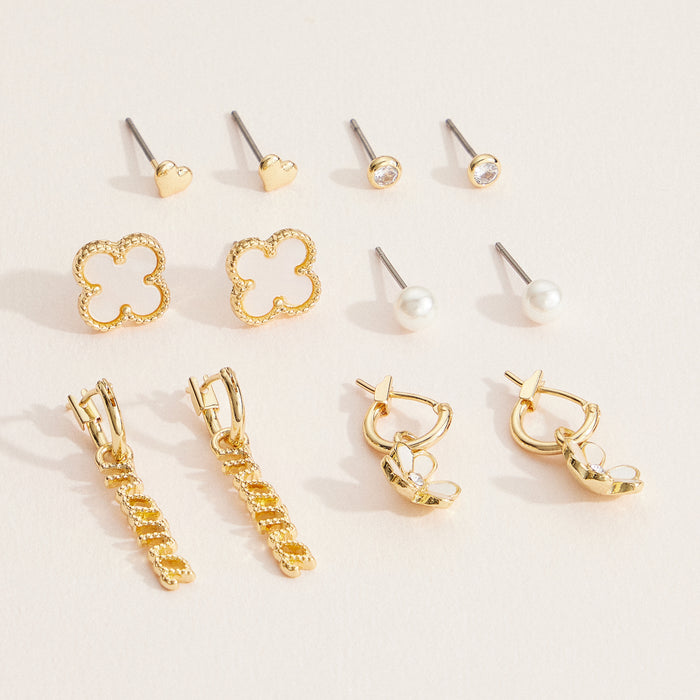 12-Piece Gold Earring Set – Pearl, Heart, Clover, & Daisy Charm Collection (18K Gold Dipped)