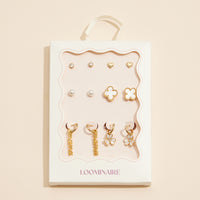 12-Piece Gold Earring Set – Pearl, Heart, Clover, & Daisy Charm Collection (18K Gold Dipped)