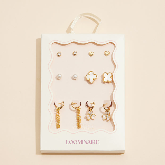 12-Piece Gold Earring Set – Pearl, Heart, Clover, & Daisy Charm Collection (18K Gold Dipped)