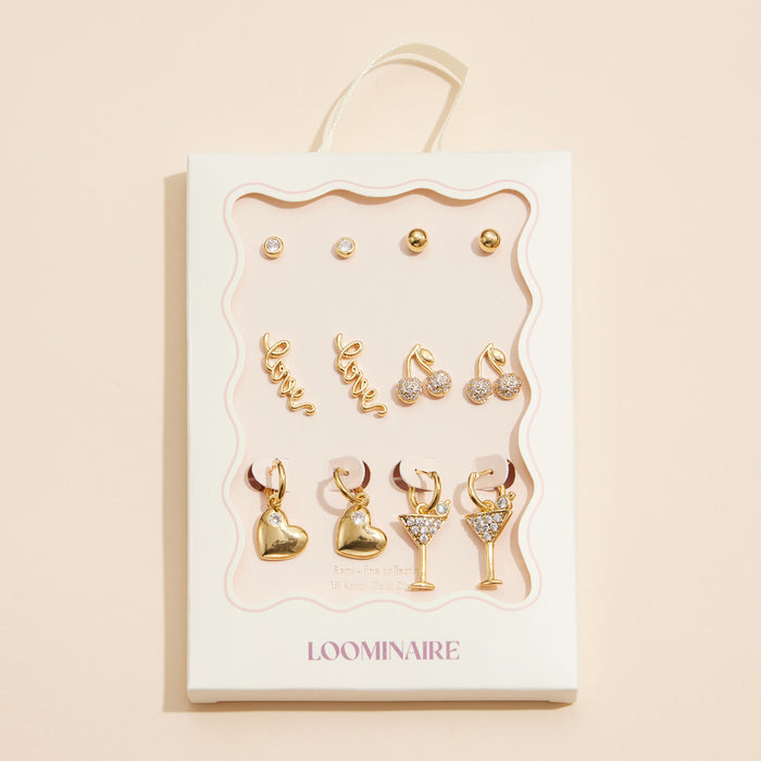 12-Piece Gold Earring Set – Love, Heart, Cherry, & Martini Charm Collection (18K Gold Dipped)