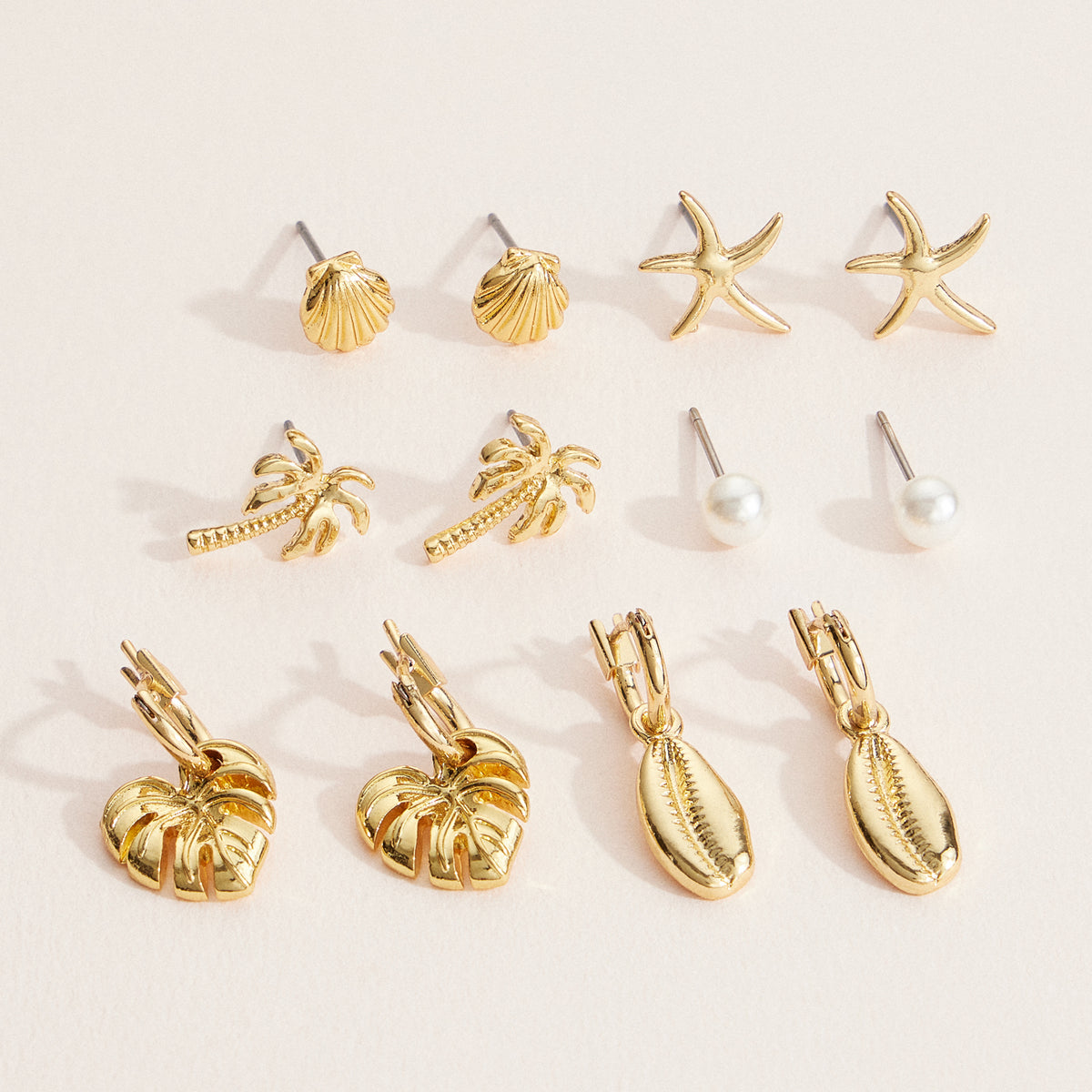 12-Piece Gold Earring Set – Seashell, Starfish, Palm Tree, & Tropical Charm Collection (18K Gold Dipped)