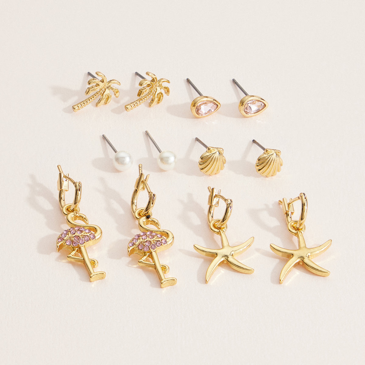 Gold Earring Set – Seashell, Palm Tree, Starfish, & Flamingo Charm Collection (18K Gold Dipped)