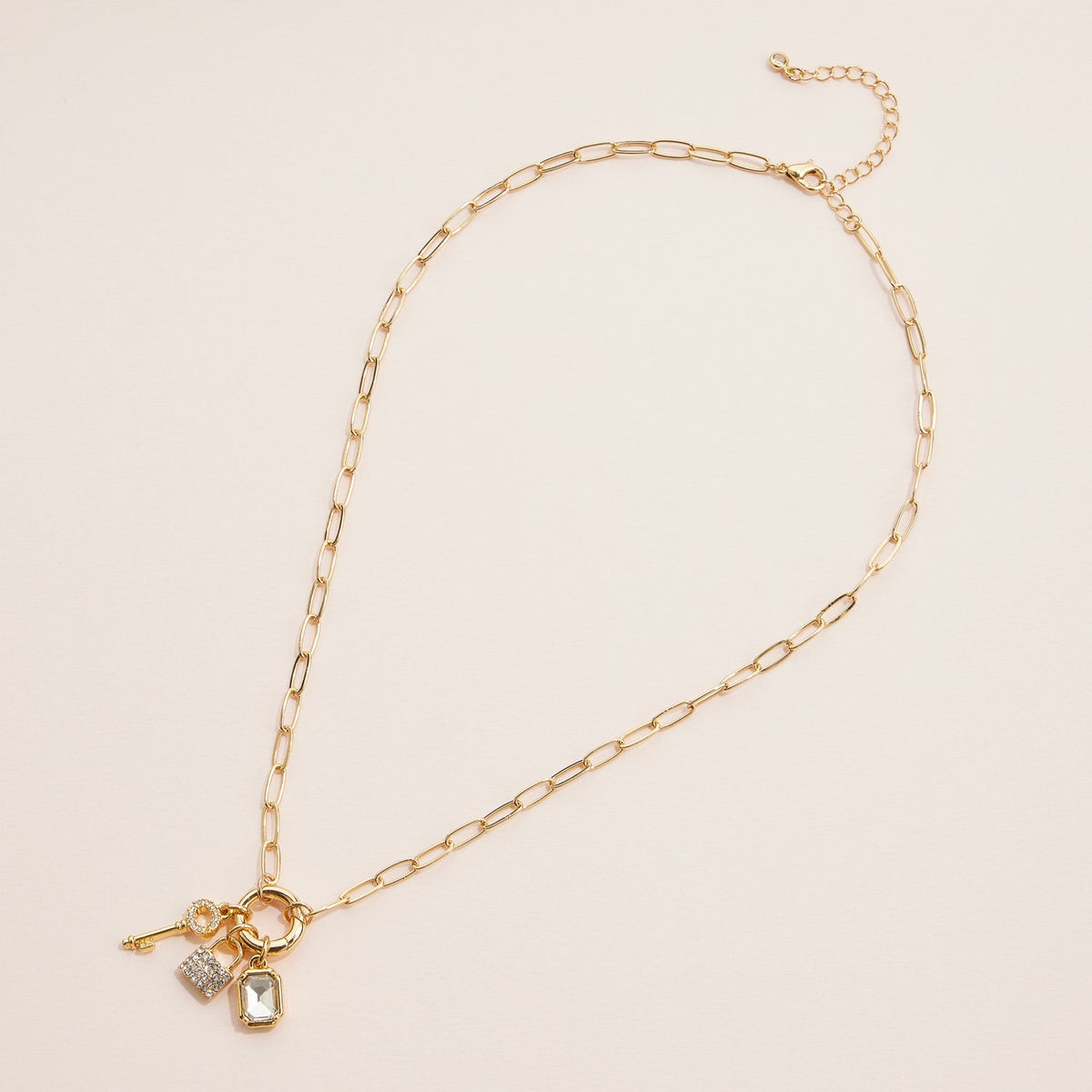 Gold Dipped Charm Necklace with Key and Gemstone Accents