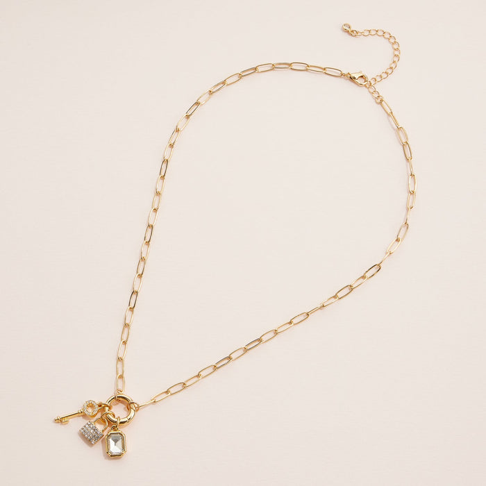 Gold Dipped Charm Necklace with Key and Gemstone Accents