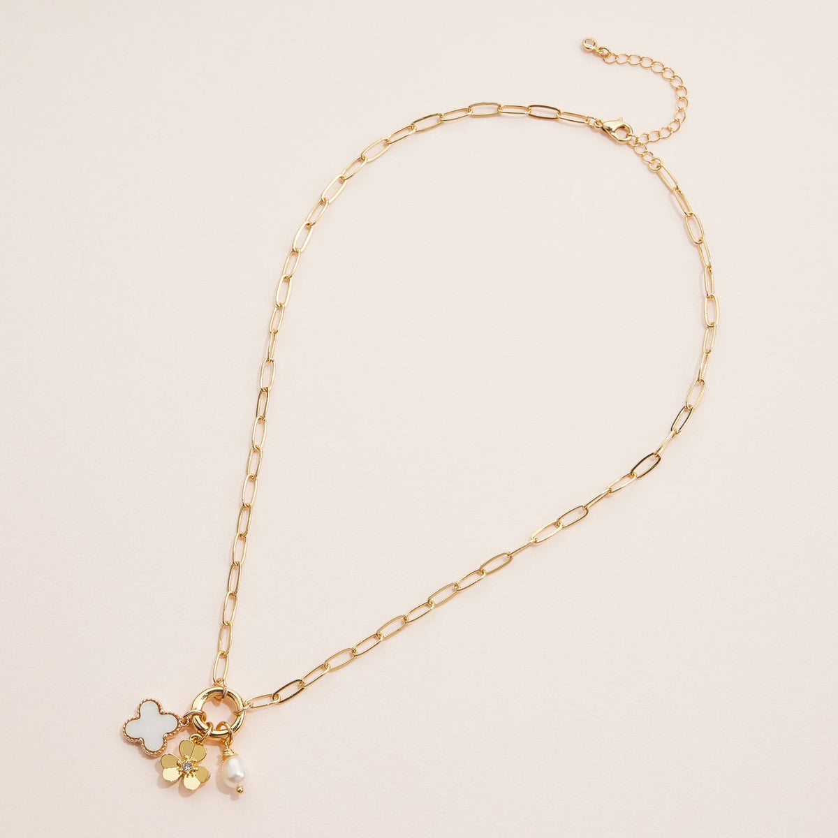 Gold Dipped Necklace with Charms and Pearl Accent