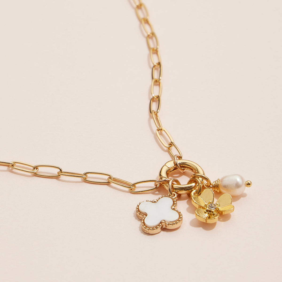 Gold Dipped Necklace with Charms and Pearl Accent