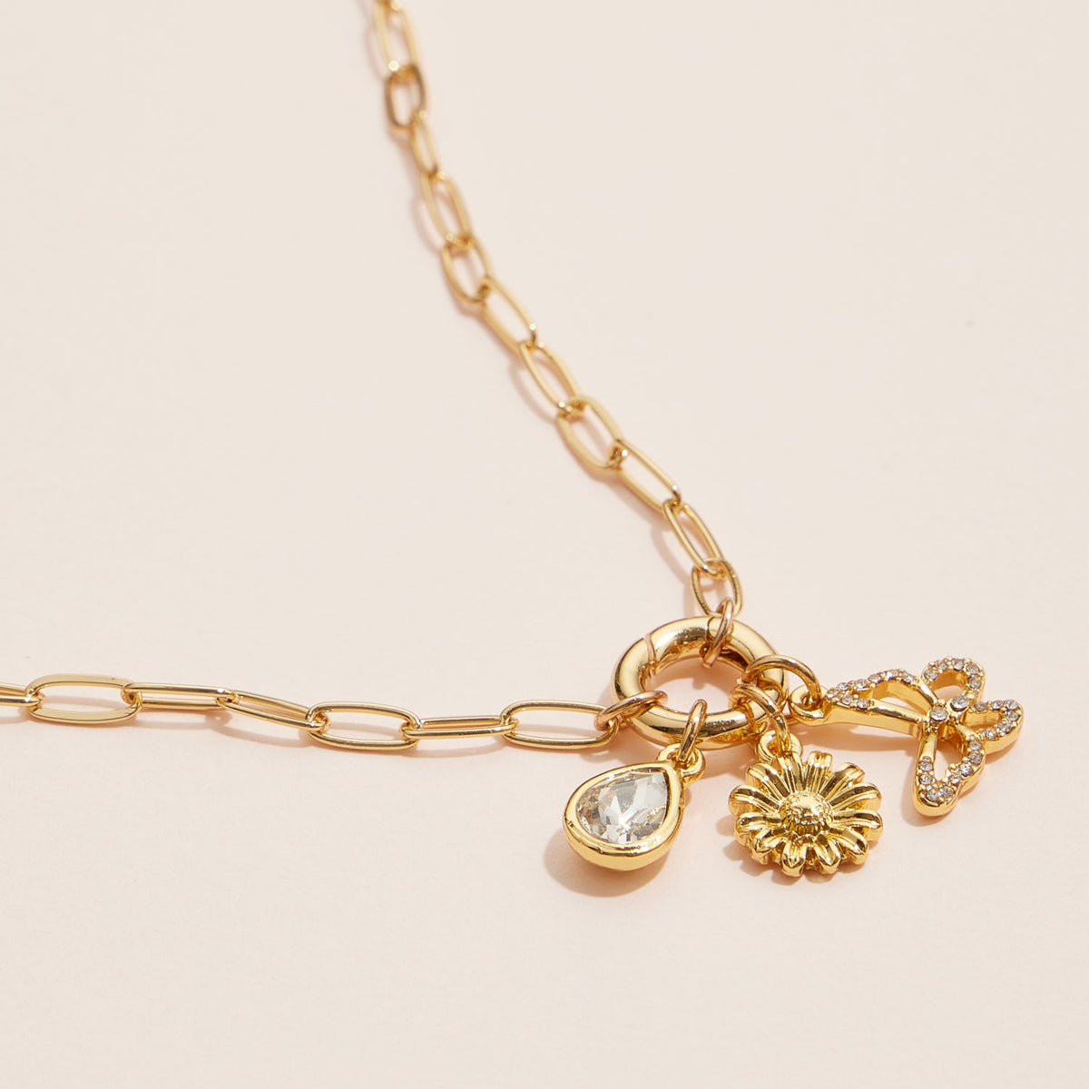 Gold Dipped Butterfly and Flower Charm Necklace with Gemstone