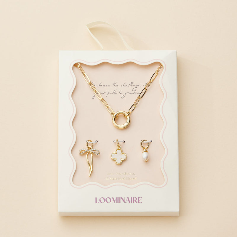 Gold Dipped Bow Charm Necklace with Clover and Pearl