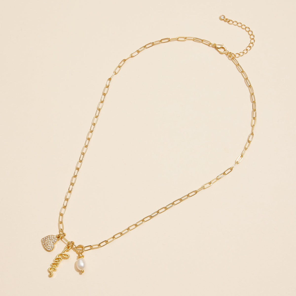 Gold Dipped Charming "Love" Pendant Necklace with Heart and Pearl Accents