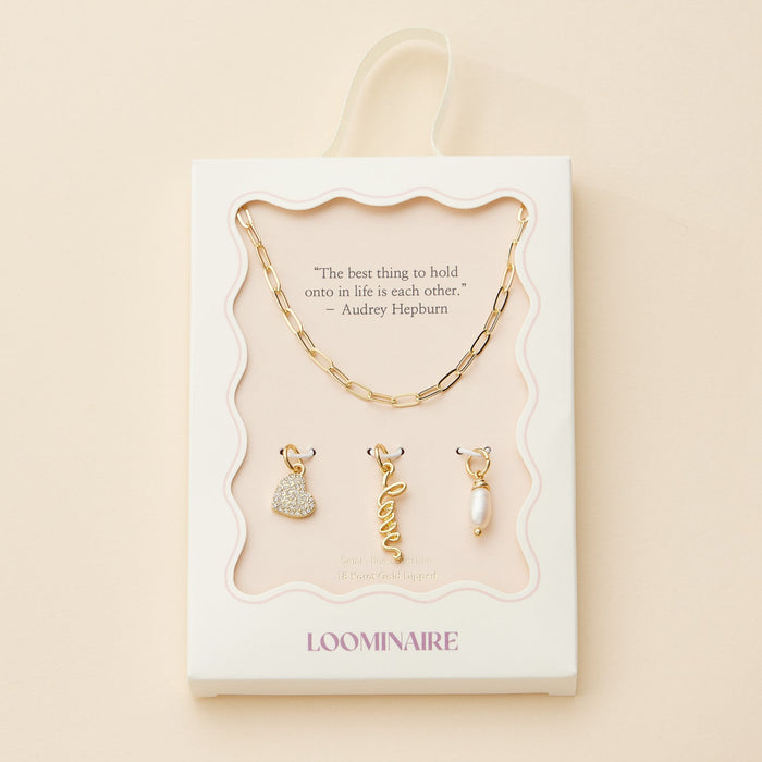 Gold Dipped Charming "Love" Pendant Necklace with Heart and Pearl Accents